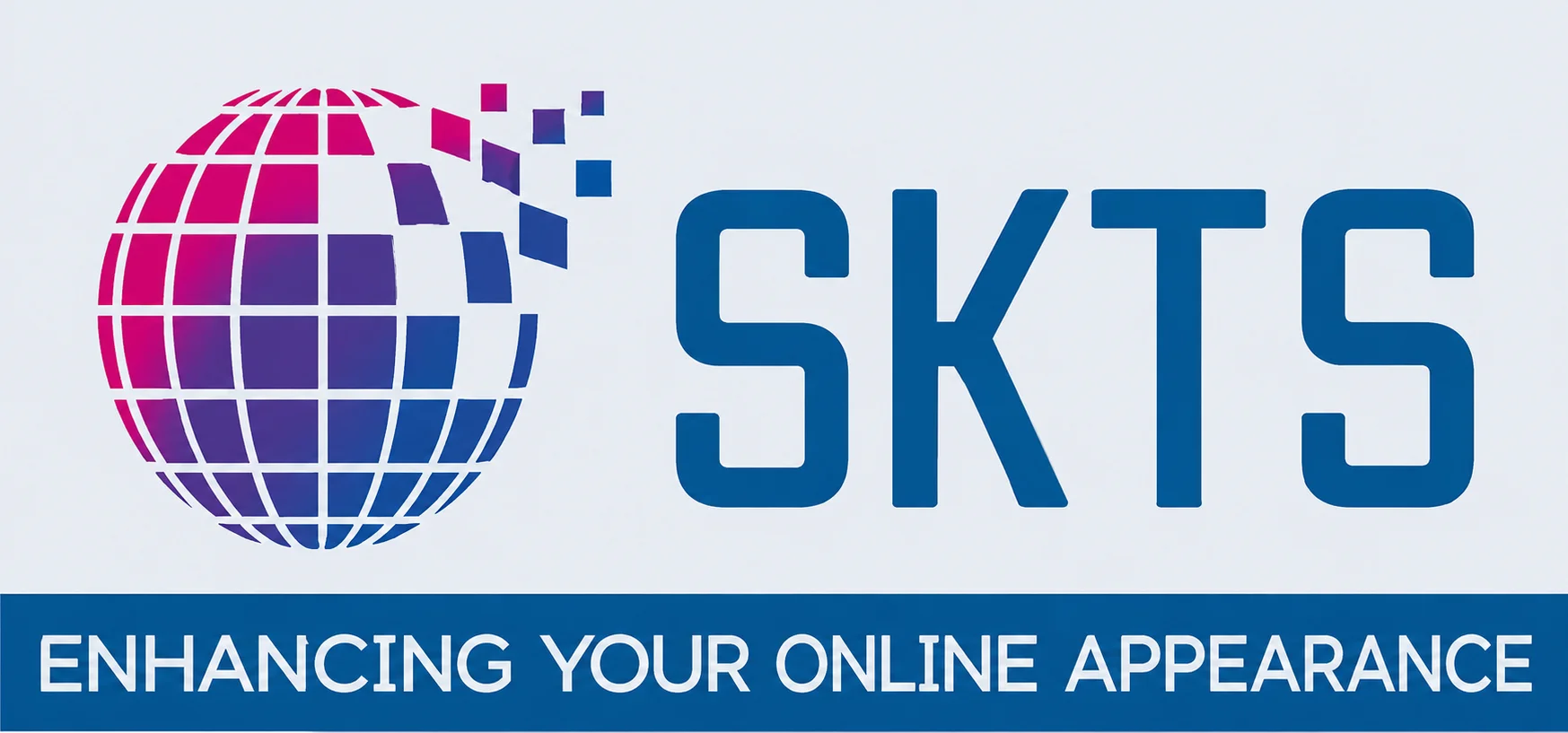 SKTS logo featuring a pink-to-blue mosaic globe and the slogan 'Enhancing Your Online Appearance' on a dark blue band.